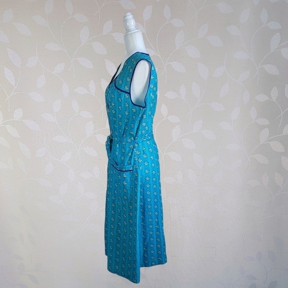 Vintage Cottagecore Floral Button Front Midi Dress Cerulean Blue Cotton V-Neck - Picture 8 of 15